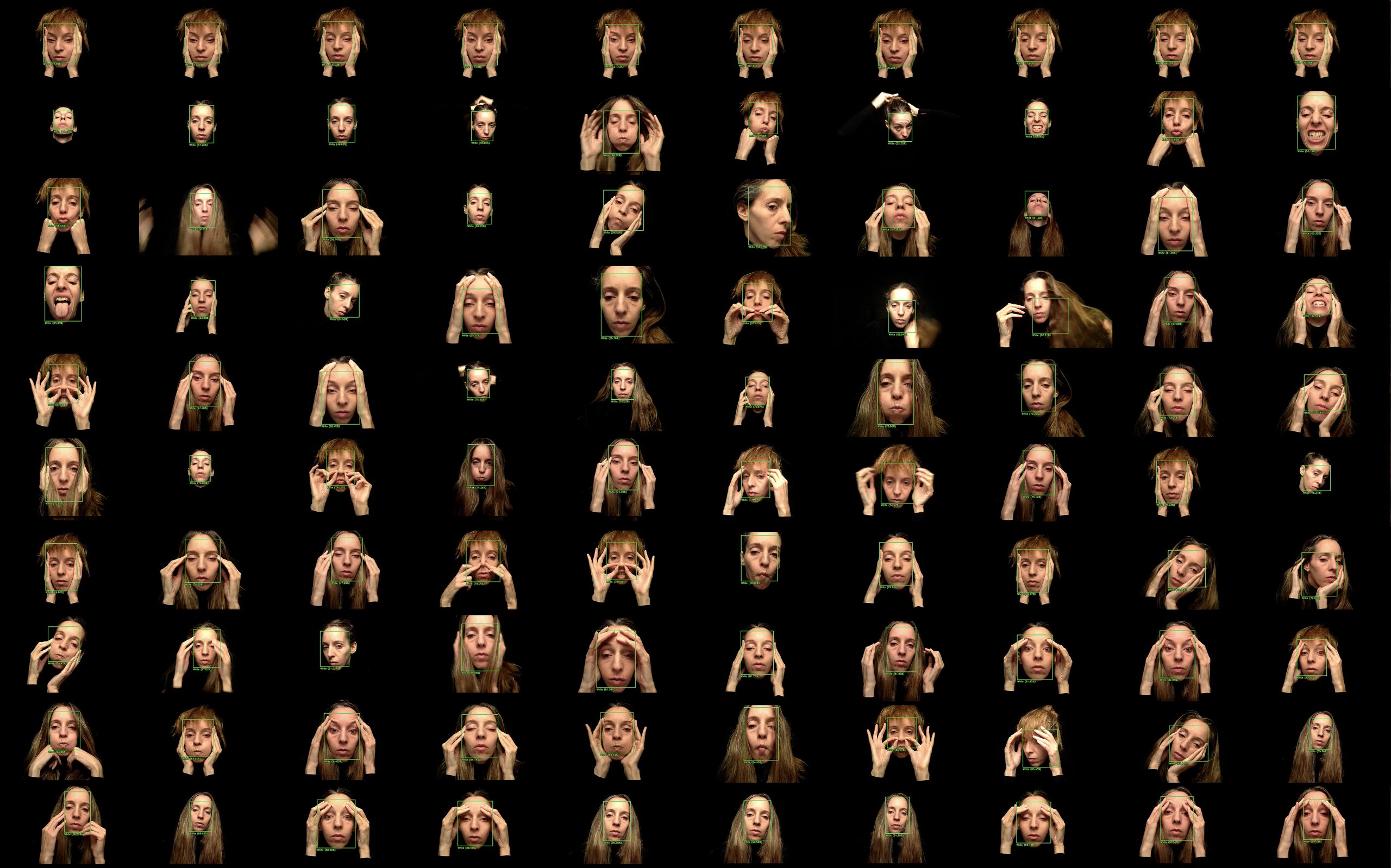 A grid of stills of a white woman pushing her face into new shapes.