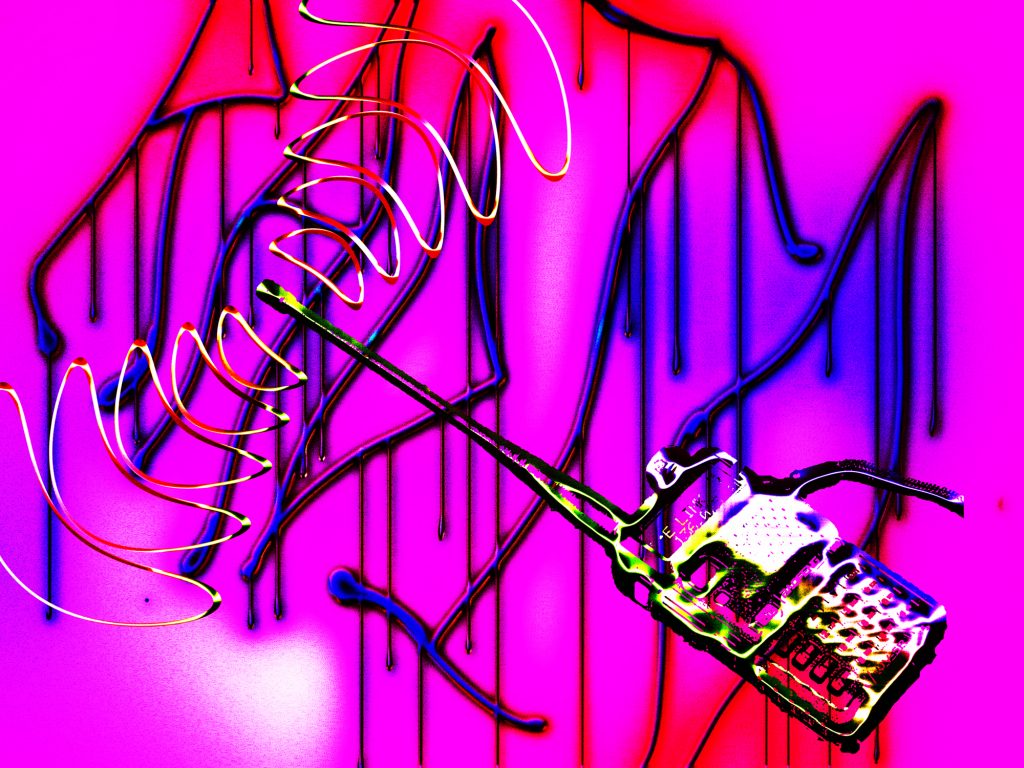 Illustration of radio receiver transmitting radio waves, “radio” is written out in black and blue drippy letters on pink background.