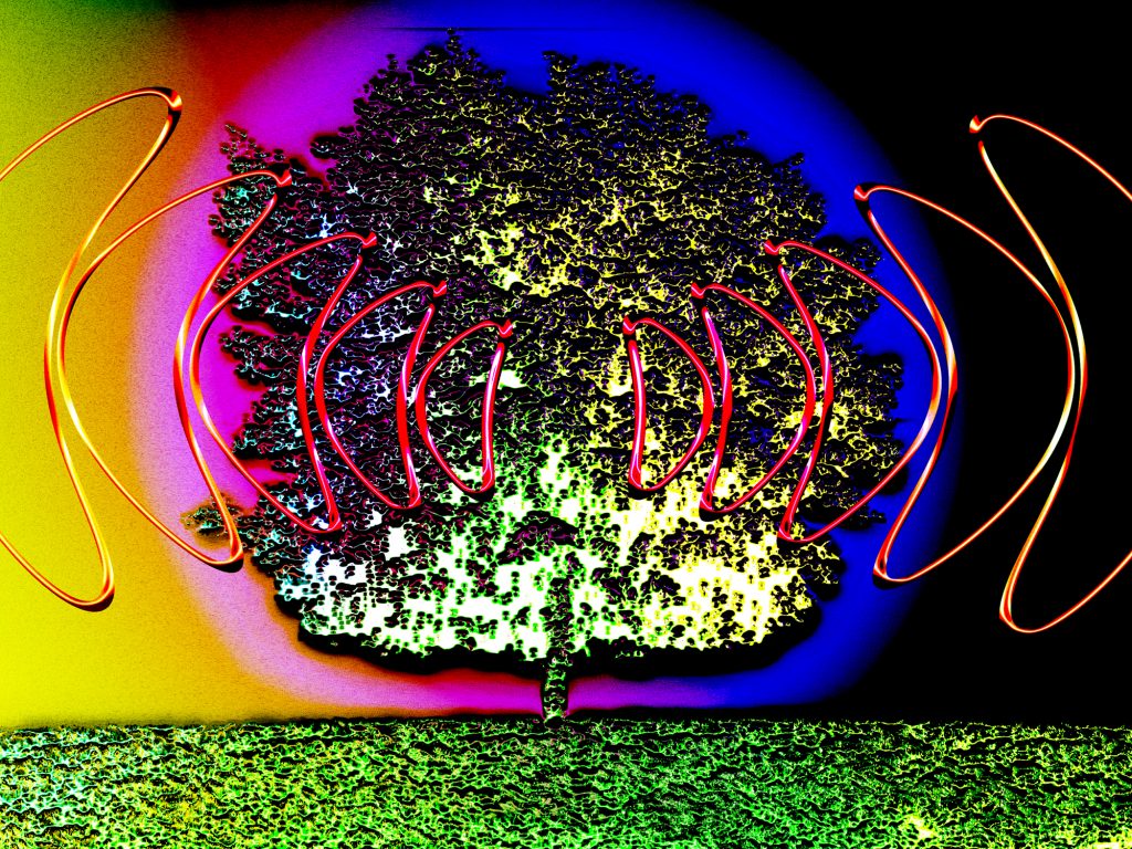 Illustration of a multicolor tree transmitting red radio waves on a multicolor background, a blue and pink halo of color appears around the tree.