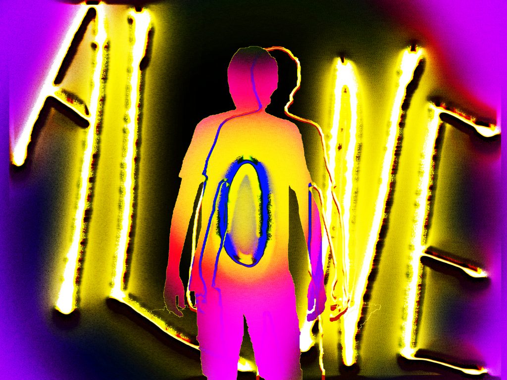 Illustration of a figure’s pink and yellow gradient silhouette, “alone” is handwritten in yellow behind the figure with the “o” in blue in front on the figure’s stomach, purple background fades into black in the center.