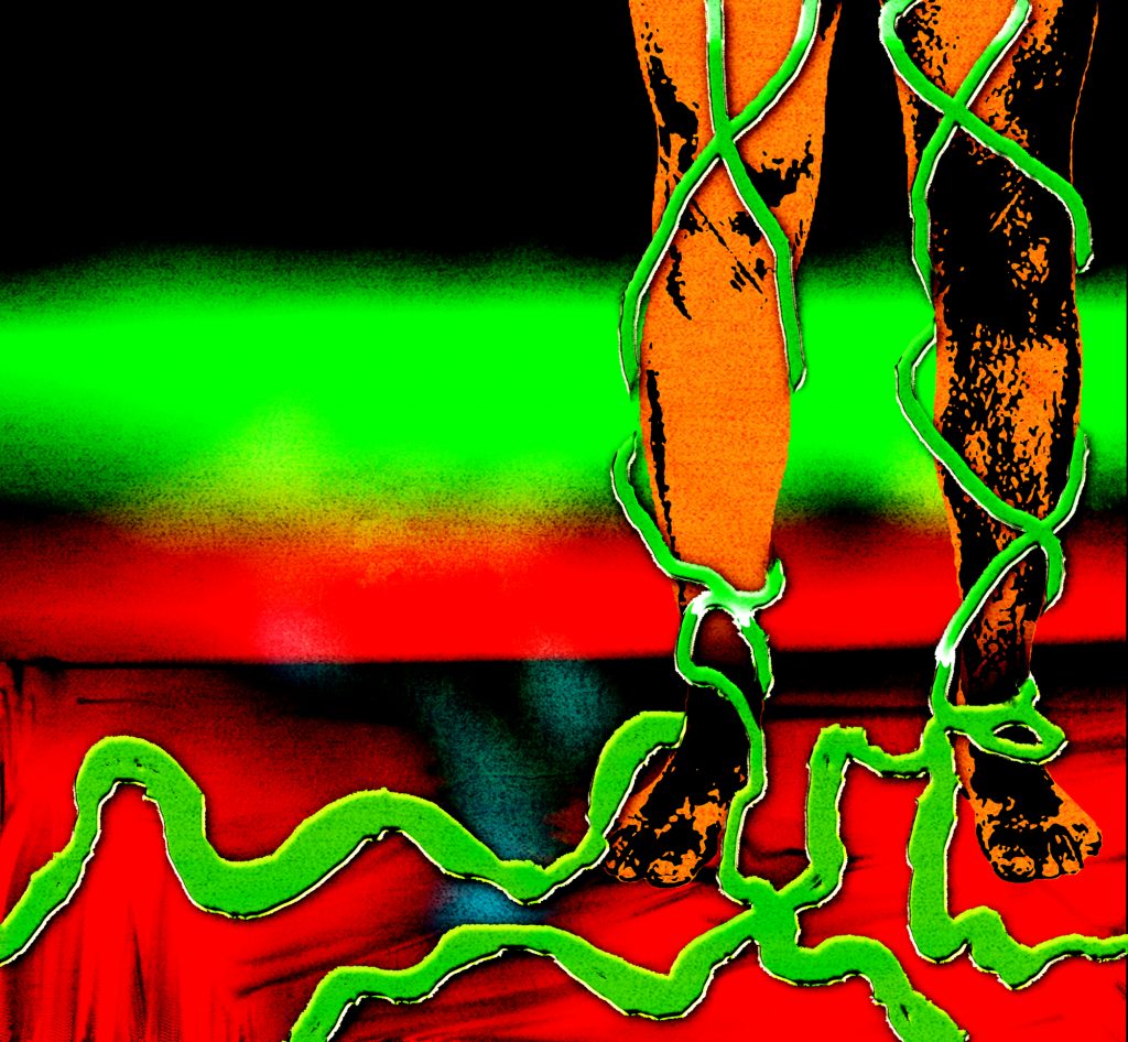 Illustration of a person pictured from the legs down, standing on a red and black ground, green vines wrap around the legs and spread over the ground. The sky in the background is black green and red.
